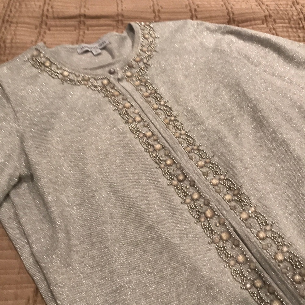 Samantha Grey sweater set, gray metallic, beads, L